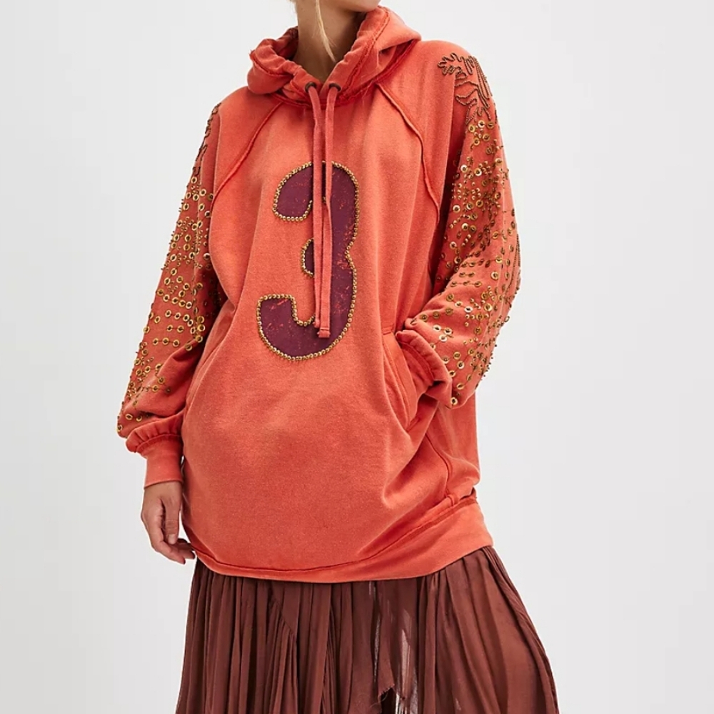 Free People We The Free Sparkle Daze Kango Hoodie Red Combo